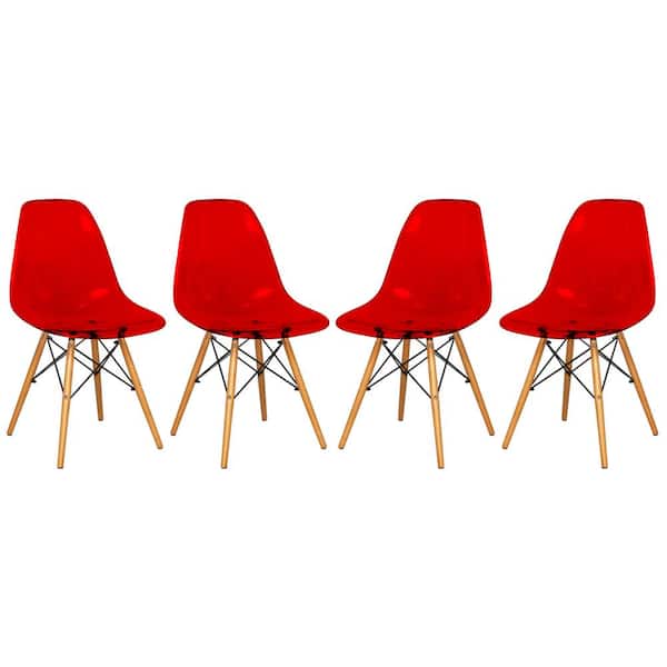 Leisuremod Dover Red Modern Eiffel Base Plastic Dining Chair With Wood Legs Transparent (Set of 4)