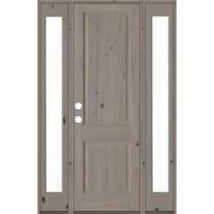 58 in. x 96 in. Rustic Knotty Alder Square Top Right-Hand/Inswing Clear Glass Grey Stain Wood Prehung Front Door w/DFSL