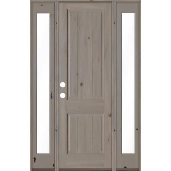 Krosswood Doors 58 in. x 96 in. Rustic Knotty Alder Square Top Right-Hand/Inswing Clear Glass Grey Stain Wood Prehung Front Door w/DFSL
