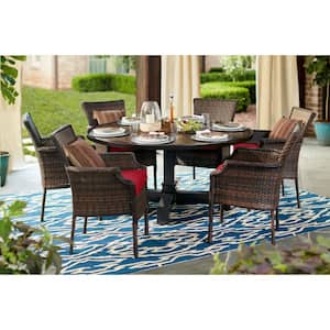 Grayson 7-Piece Brown Wicker Outdoor Patio Dining Set with CushionGuard Chili Red Cushions