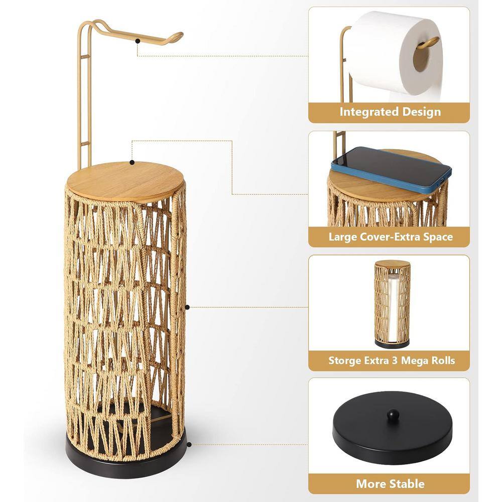 Brown Wicker Freestanding Toilet Paper Holder with Storage