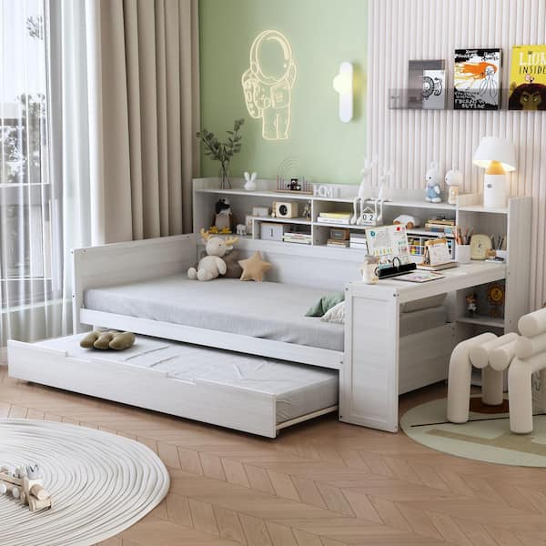 Harper & Bright Designs Antique White Twin Size Multi-functional Wood Daybed with Study Desk and Twin Size Trundle Bed