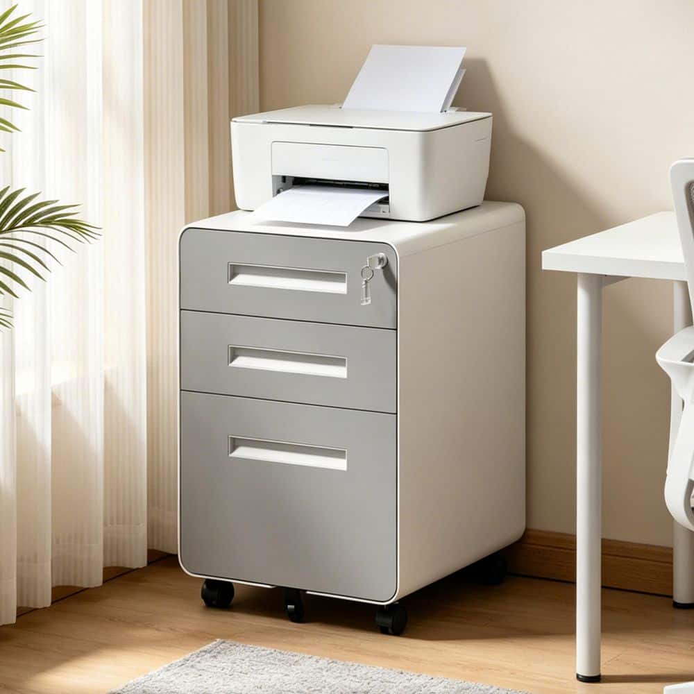 3-Drawer White Gray Metal 16 in. W Pedestal File Cabinet with Lock, Rolling Storage for Home Office Under Desk