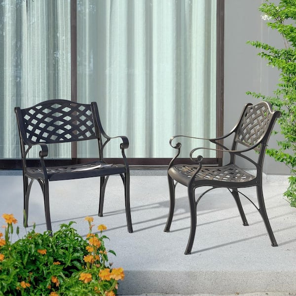 2-Piece Cast Aluminum Outdoor Arm Dining Chair Patio Bistro Chairs in Black