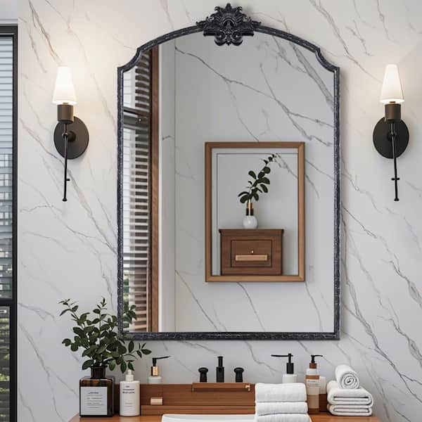 24 in. W x 36 in. H Ornate Baroque Arched Vintage Black Framed Wall Bathroom Vanity Mirror Dresser Decorative Mirror