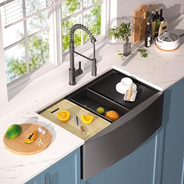 33 in. x 22 in. Apron-Front Single Bowl 18 Gauge Stainless Steel Kitchen Sink with Faucet and Accessories
