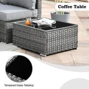 Messi Gray 8-Piece Wicker Outdoor Patio Conversation Sectional Sofa Set with a Metal Fire Pit and Dark Gray Cushions