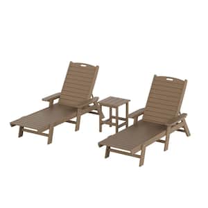 Harlo 3-Piece Weathered Wood Fade Resistant HDPE Plastic Reclining Outdoor Patio Chaise Lounge Arm Chair and Table Set