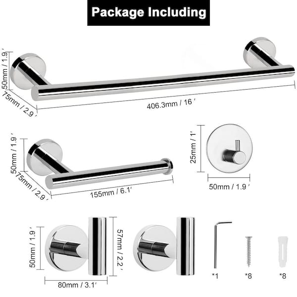 5-Piece Stainless Steel Bathroom Hardware Set with 16 in. Towel Bar, Toilet Paper Holder and Hooks in Chrome for Bath