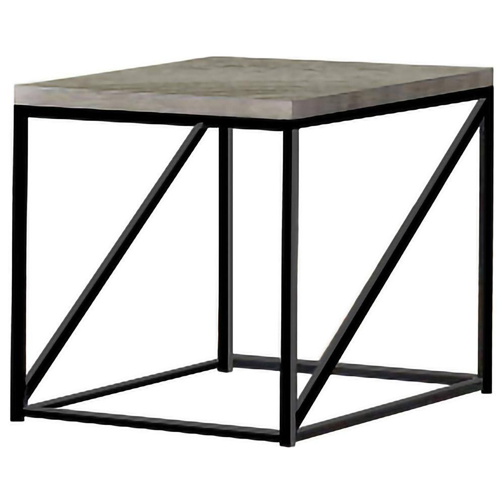 Coaster Sonoma grey and black square wood end table with black metal frame.