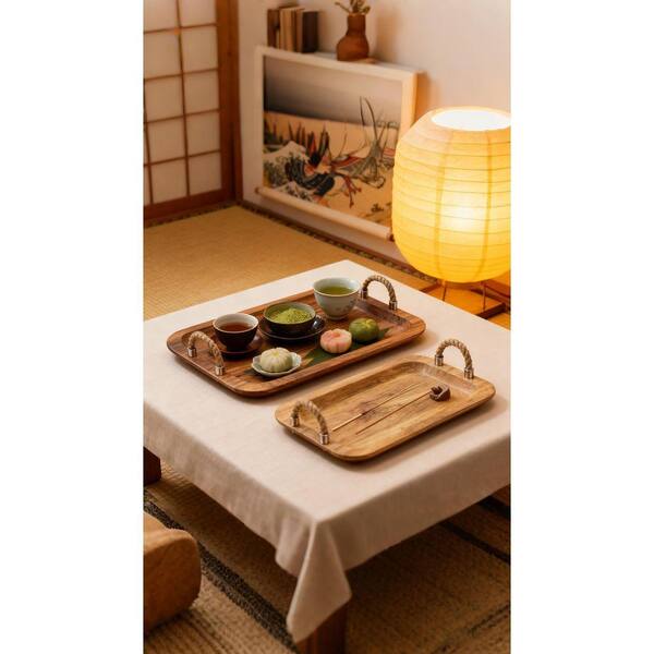 Wood Tray Set with Jute Handles-Brown Organic 2-Piece Mango Wood