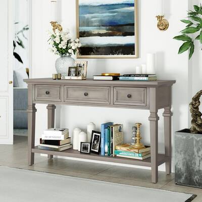 Classic 50 in. Gray Wash Standard Rectangle Wood Console Table with Top 3-Drawers, Open Style Bottom Shelf
