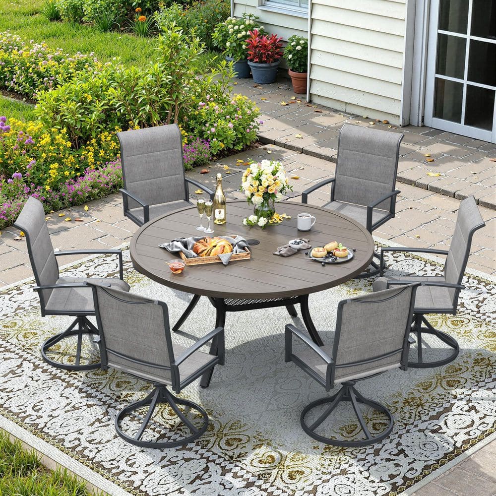 vicllax 7-Piece Metal Outdoor Dining Set with 47.2 in. Gray Wood