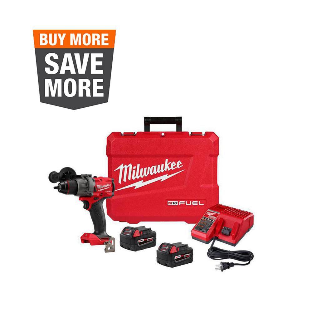 Milwaukee M18 FUEL 18V Lithium-Ion Brushless Cordless 1/2 in. Hammer Drill Driver Kit with Two 5.0 Ah Batteries and Hard Case 2904-22 - The Home Depot