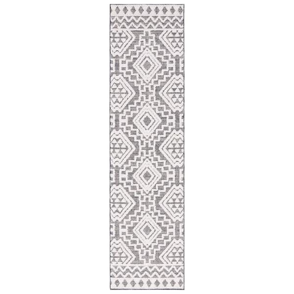 SAFAVIEH Global Gray/Ivory 2 ft. x 8 ft. Tribal Diamond Geometric Indoor/Outdoor Runner Rug