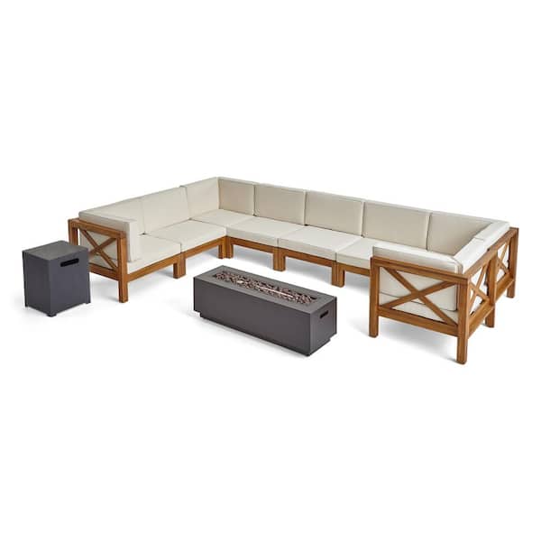 Noble House Thasos Teak Brown 10-Piece Wood Patio Fire Pit Sectional Seating Set with Beige Cushions
