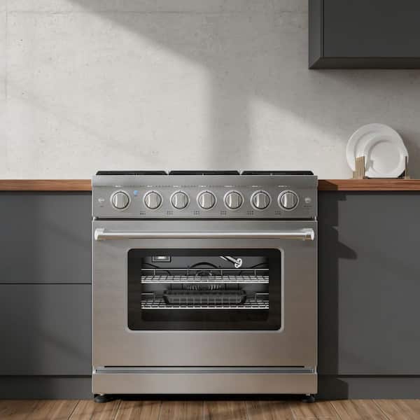 36 in. Slide-In 6-Burner Gas Range in Silver with 6 cu. ft. Capacity Oven and Triple-Layer Tempered Glass Oven Door
