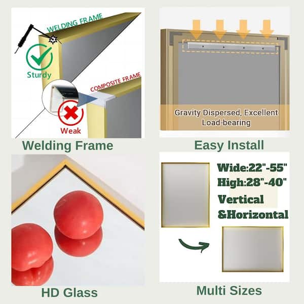 48 in. W x 36 in. H Gold Aluminum Rectangle Framed Tempered Glass Wall-mounted Mirror