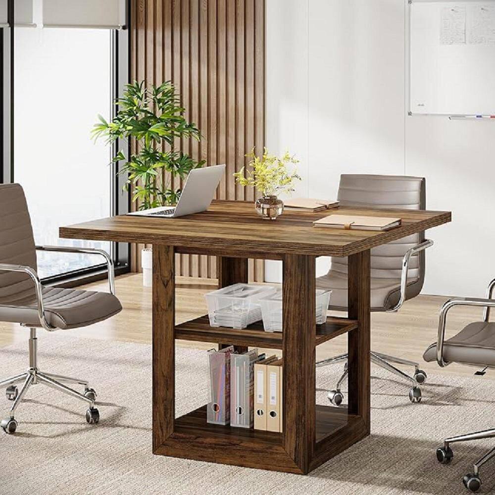 31.5" Square Deep Brown Wood Conference Table Seats 4, Compact Meeting Table with 2-Tier Storage Shelf for Small Spaces