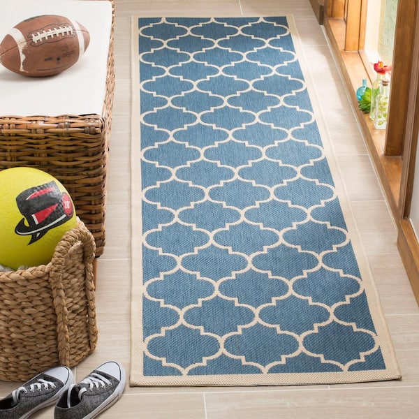 Courtyard Blue/Beige 2 ft. x 14 ft. Geometric Indoor/Outdoor Patio  Runner Rug