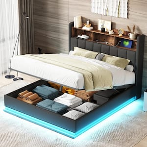 Black Wood Frame Queen Size PU Platform Bed with Storage Headboard, Hydraulic Storage System, LED Lights and USB Ports
