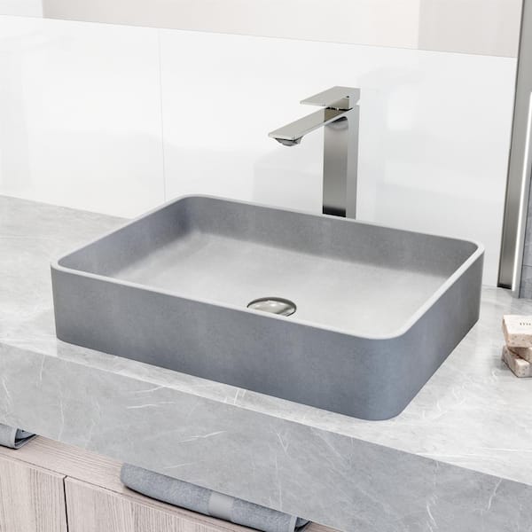 VIGO Dunn Gray Concreto Stone Rectangular Vessel Bathroom Sink and Faucet in Brushed Nickel w/ Pop-Up Drain in Brushed Nickel