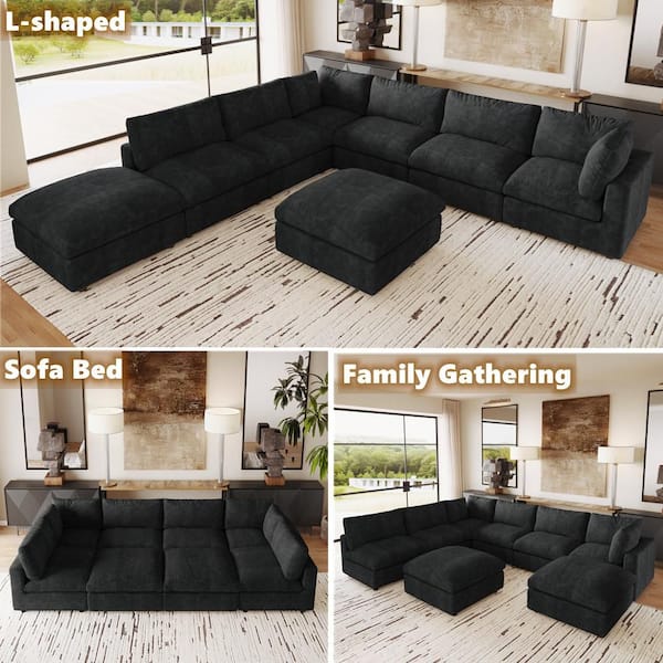 Modular Cloud Couch, 134 in. Square Arm 8-Piece Chenille U-Shaped Sectional Sofa with Ottoman, Washable Covers in. Black