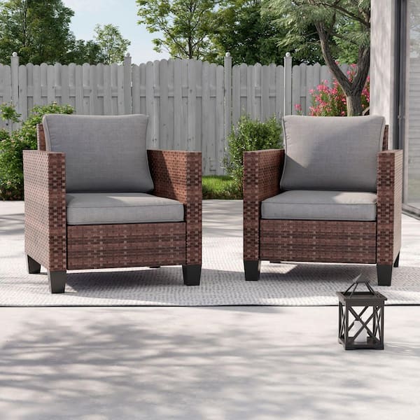 2-Pack Brown Wicker Patio Outdoor Single Sofa with Gray Cushion