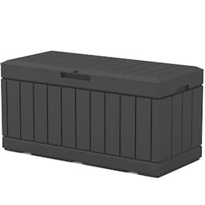 90 Gal. Heavy-Duty Outdoor Storage Deck Box in Black, Wood Look Outdoor Storage Box for Patio Furniture