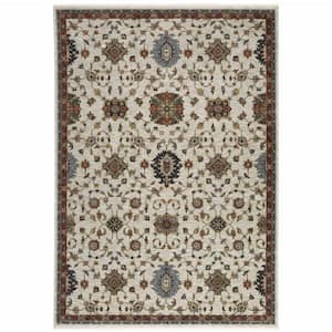 Beige Rust Red Blue Gold and Grey 3 ft. x 5 ft. Oriental Power Loom Stain Resistant Fringe with Area Rug
