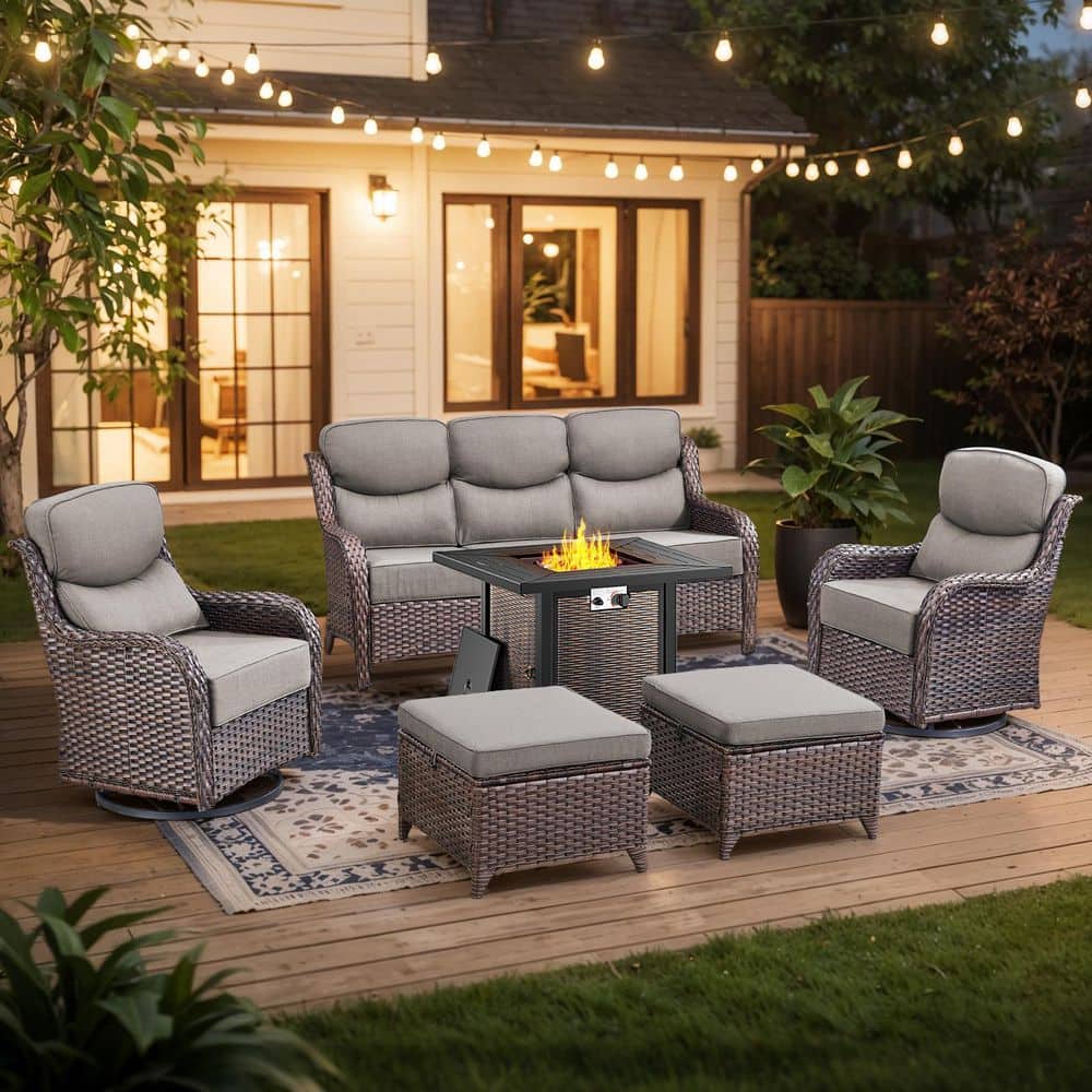 Gymojoy Holion 6-Piece Wicker Patio Conversation Set with Fire Pit
