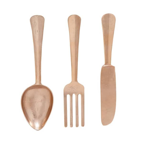 Litton Lane Aluminum Gold Knife, Spoon and Fork Utensils Wall Decor (Set of 3)