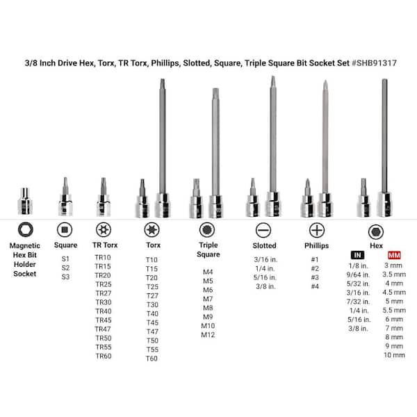 TEKTON 3/8 in. Drive Hex, Torx, TR Torx, Phillips, Slotted, Square