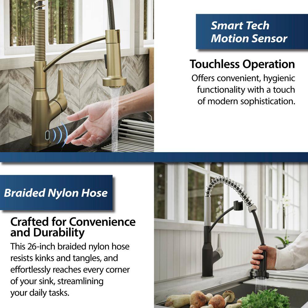Brushed Gold Brass Touchless Pull-Down Kitchen Faucet with Spray