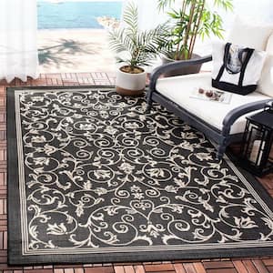 Courtyard Black/Sand 4 ft. x 4 ft. Border Scroll Floral Indoor/Outdoor Patio  Square Area Rug