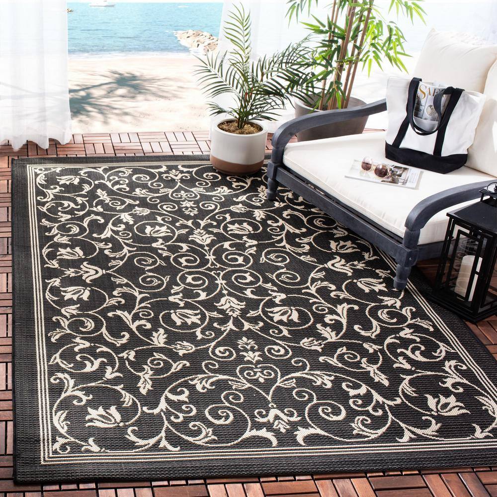 Black and Sand Synthetic Square Indoor/Outdoor Area Rug