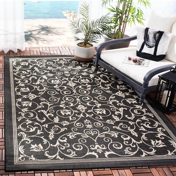 Courtyard Black/Sand 8 ft. x 10 ft. Border Scroll Floral Indoor/Outdoor Patio  Area Rug
