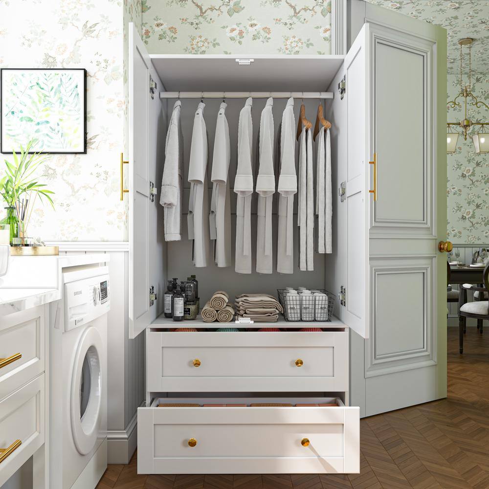 White Shaker Style Two-Door Armoire with Gold Handles