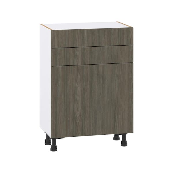 J COLLECTION 24 in. W x 14 in. D x 34.5 in. H Medora Textured Slab Walnut Assembled Shallow Base Kitchen Cabinet with Inner Drawers