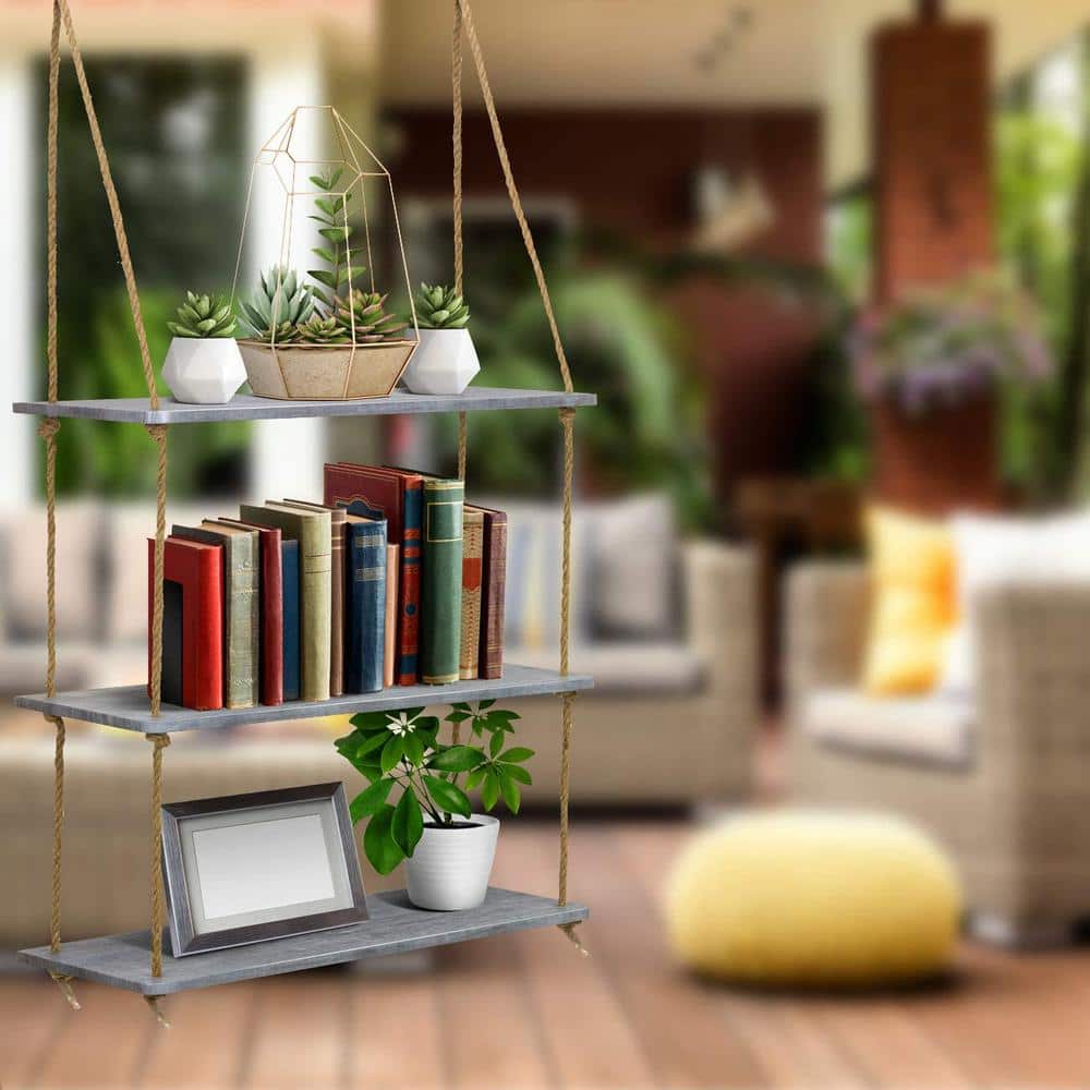 Sorbus Rustic Gray Wood 3-Tier Rectangular Floating Shelf