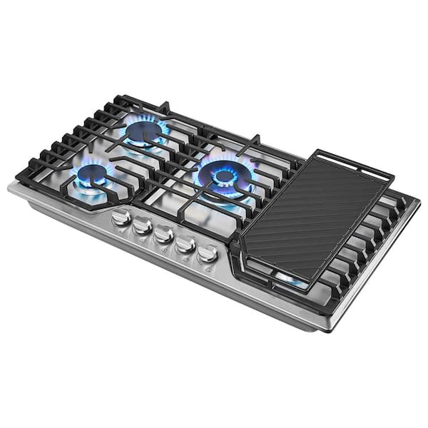 30 in. 5-Burners Recessed Gas Cooktop in Stainless Steel with Power Burners and Reversible Cast Iron Grill/Griddle