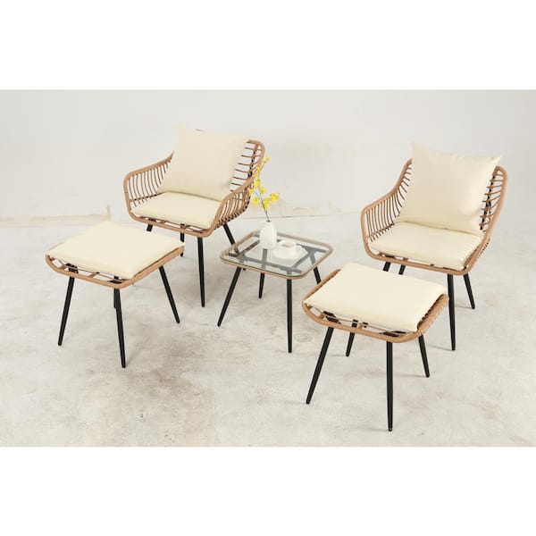 Runesay Brown 5-Piece Wicker Outdoor Bistro Set with Transparent Glass Table and Beige Cushion