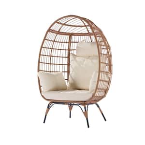 Brown Wicker Indoor Outdoor Egg Lounge Chair with Beige Cushion, Steel Frame