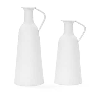 2-Pc White Iron Metal Pitcher Vase Set