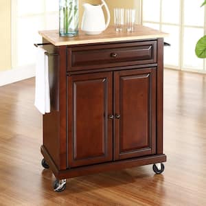 Rolling Mahogany Kitchen Cart with Natural Top