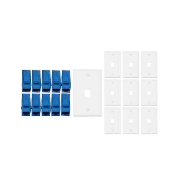 10-Pack 1-Gang White Keystone Plastic Wall Plate 1-Port & 10 Cat 6 RJ45 Keystone Inline Couplers Blue