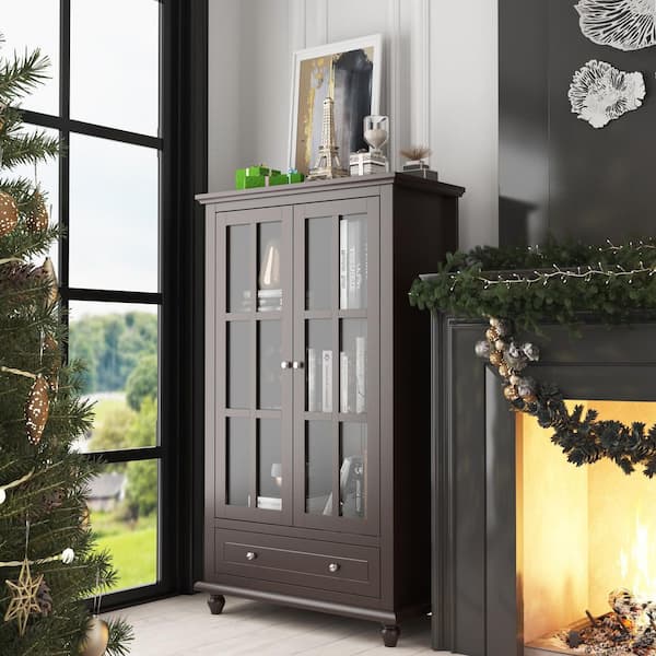 FUFU&GAGA Brown Wood Freestanding Storage Cabinet with Tempered Glass Doors, Adjustable Shelves and Drawer