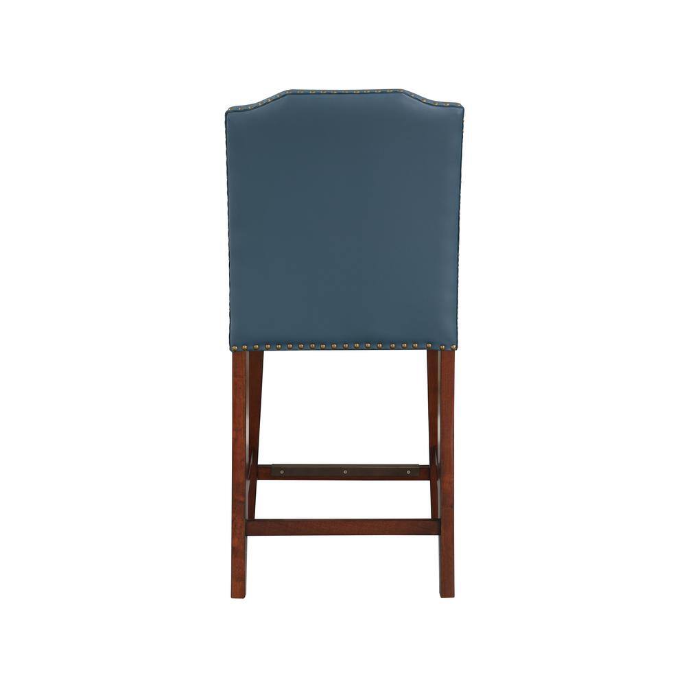 Blue Faux Leather and Wood Counter Stool with Nailhead Trim
