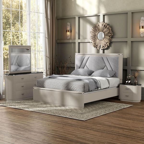 Addy 4-Piece Modern Light Gray Wood King Panel Bedroom Set with Nightstand and Dresser/Mirror