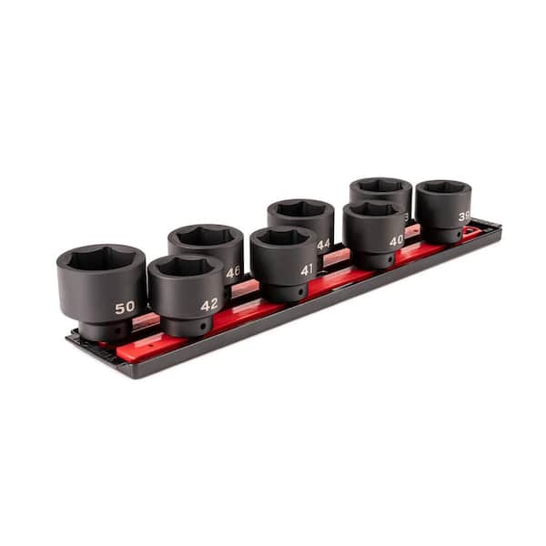1/2 Inch Drive Shallow 6-Point Impact Socket Set with Rails and Tray, 8-Piece (39-50)